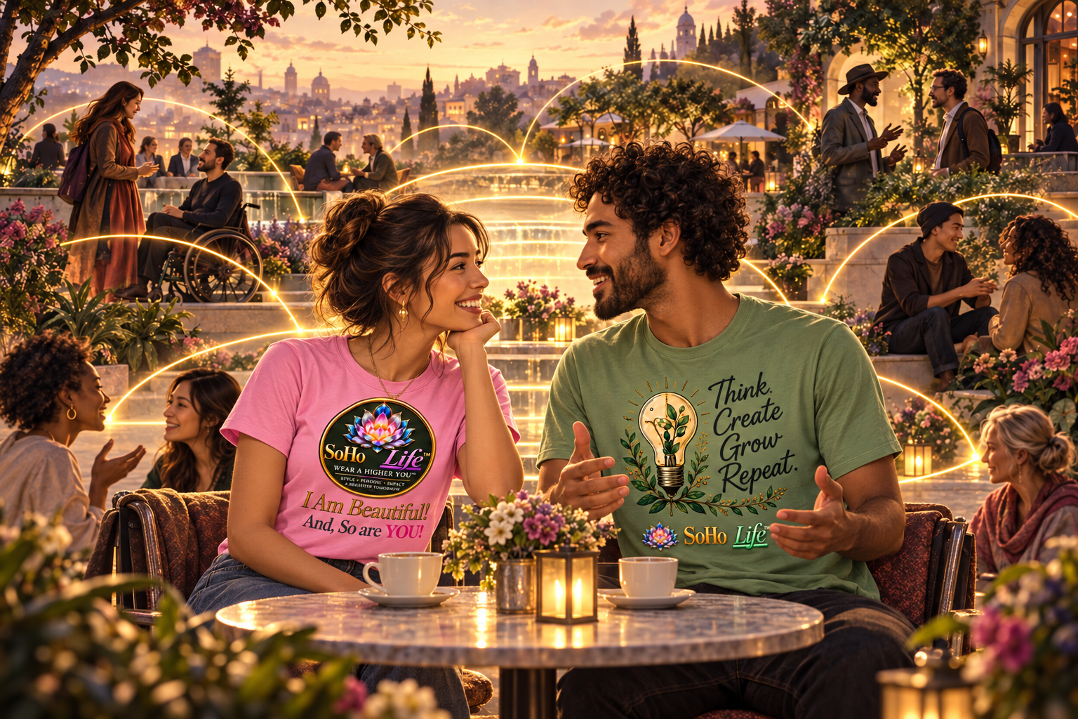 Two people wearing pink and green SoHo Life tees share a conversation as golden ripples connect their community